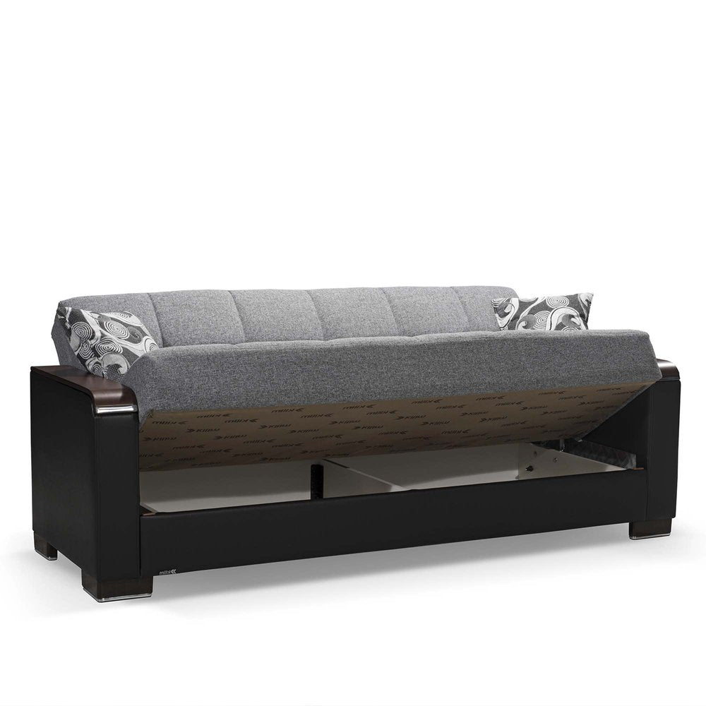 87" Gray And Black Microfiber Convertible Futon Sleeper Sofa And Toss Pillows With Storage