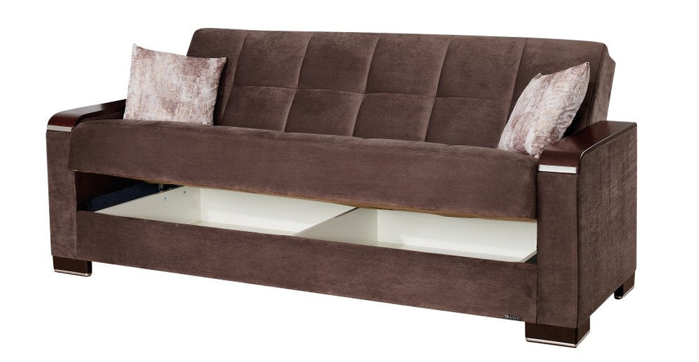 87" Brown Microfiber Convertible Futon Sleeper Sofa And Toss Pillows With Storage