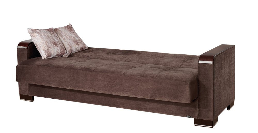 87" Brown Microfiber Convertible Futon Sleeper Sofa And Toss Pillows With Storage