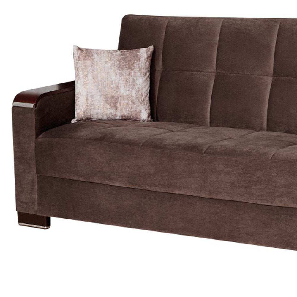 87" Brown Microfiber Convertible Futon Sleeper Sofa And Toss Pillows With Storage