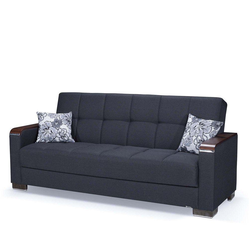 87" Dark Blue Chenille Convertible Futon Sleeper Sofa And Toss Pillows With Storage
