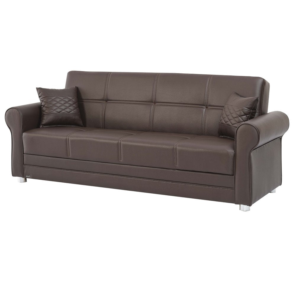 89" Brown Faux Leather Convertible Futon Sleeper Sofa And Toss Pillows With Storage