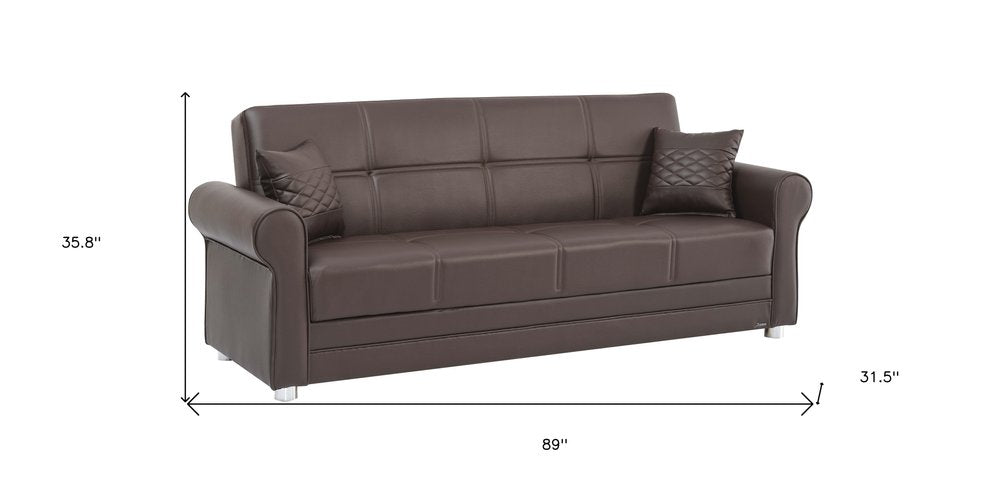 89" Brown Faux Leather Convertible Futon Sleeper Sofa And Toss Pillows With Storage