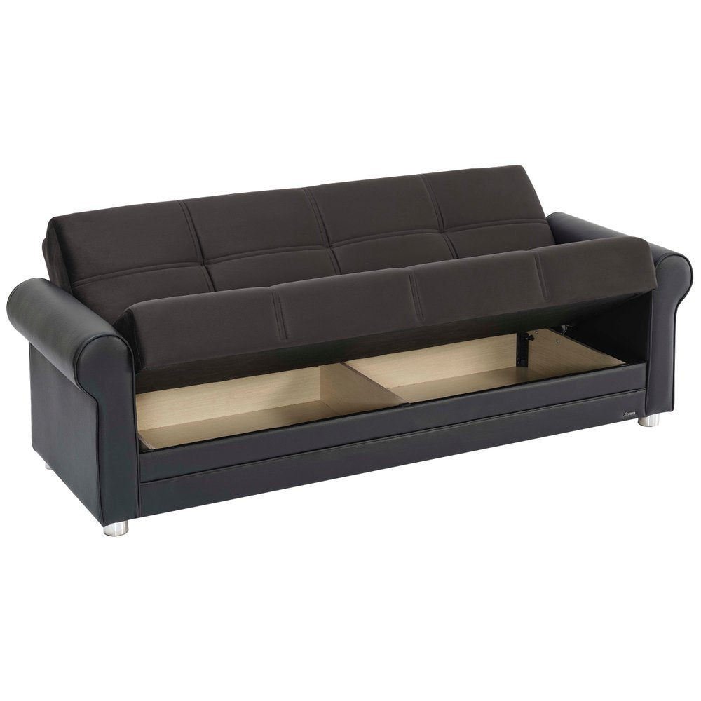 89" Black Polyester Convertible Futon Sleeper Sofa And Toss Pillows With Storage