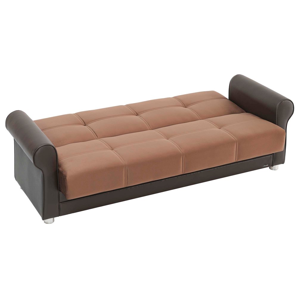 89" Brown Polyester Convertible Futon Sleeper Sofa And Toss Pillows With Storage