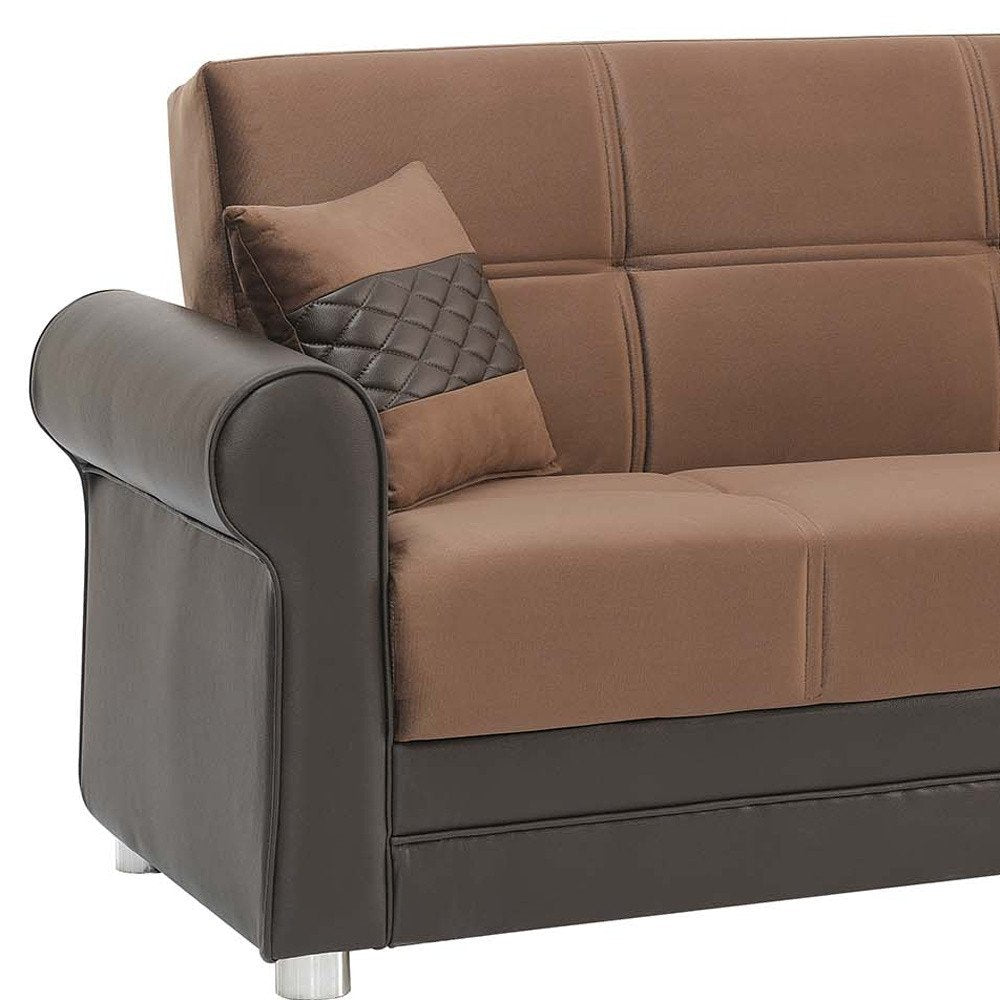 89" Brown Polyester Convertible Futon Sleeper Sofa And Toss Pillows With Storage
