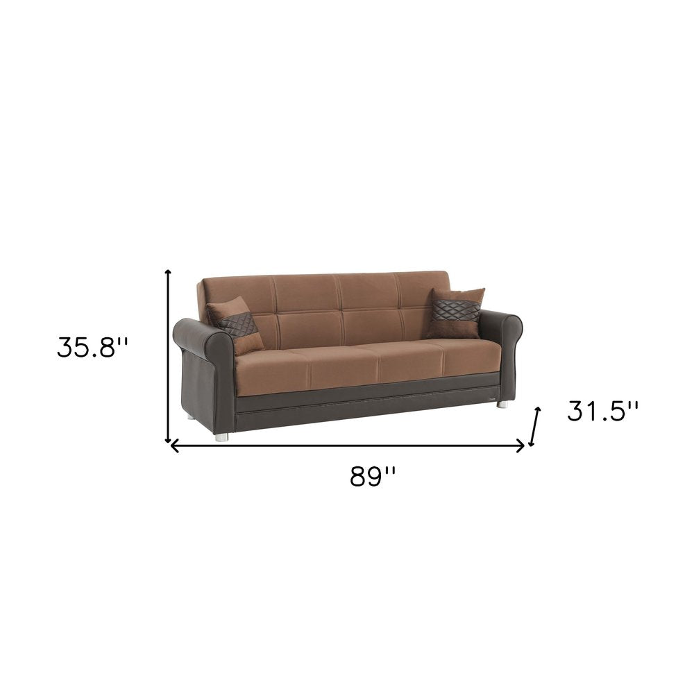 89" Brown Polyester Convertible Futon Sleeper Sofa And Toss Pillows With Storage