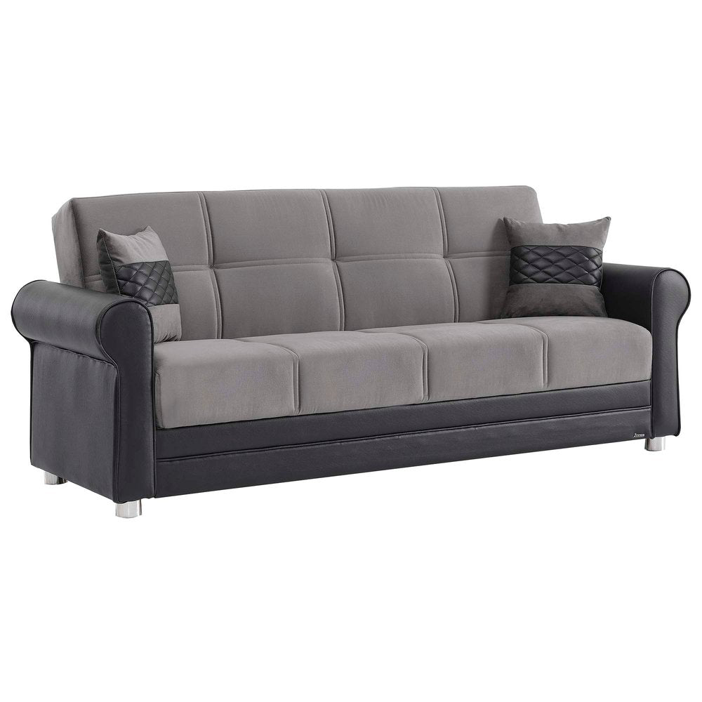 89" Gray Polyester Convertible Futon Sleeper Sofa And Toss Pillows With Storage