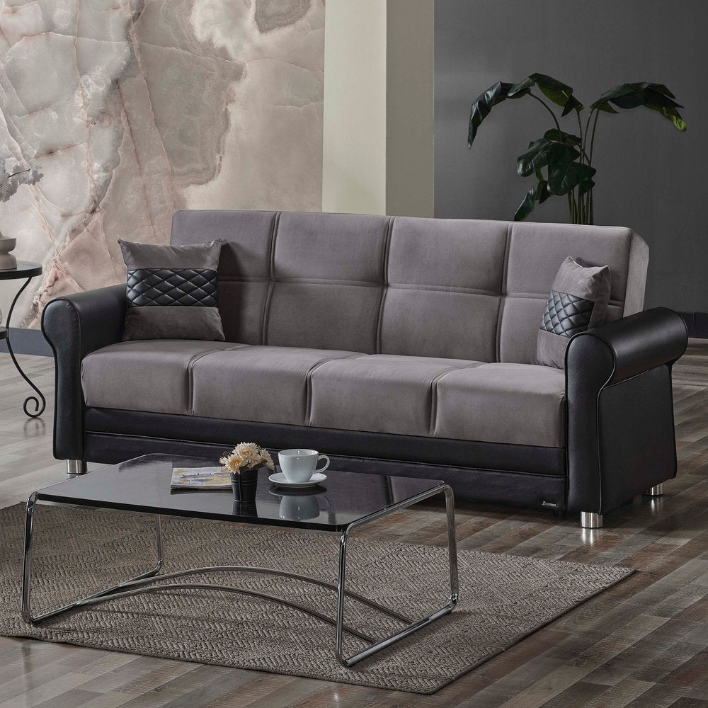 89" Gray Polyester Convertible Futon Sleeper Sofa And Toss Pillows With Storage