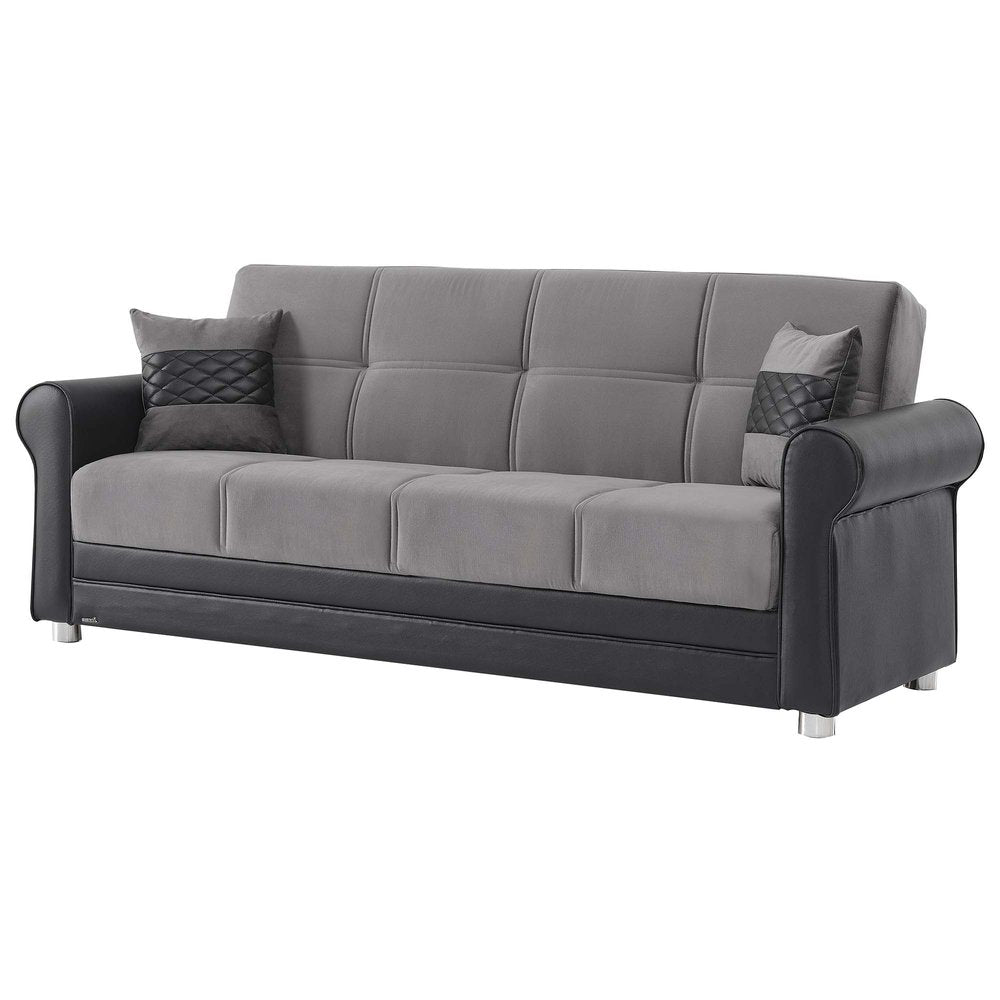 89" Gray Polyester Convertible Futon Sleeper Sofa And Toss Pillows With Storage