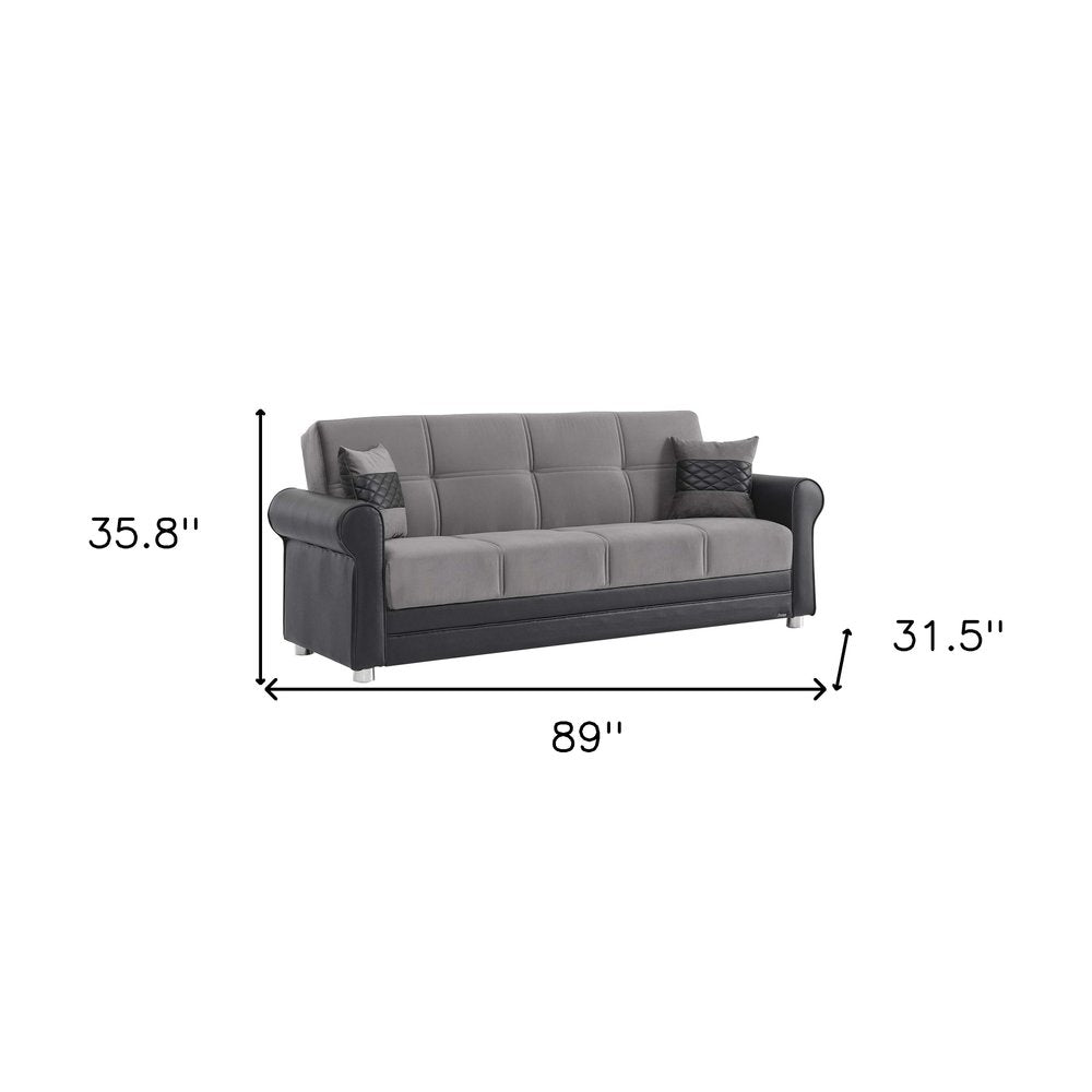 89" Gray Polyester Convertible Futon Sleeper Sofa And Toss Pillows With Storage