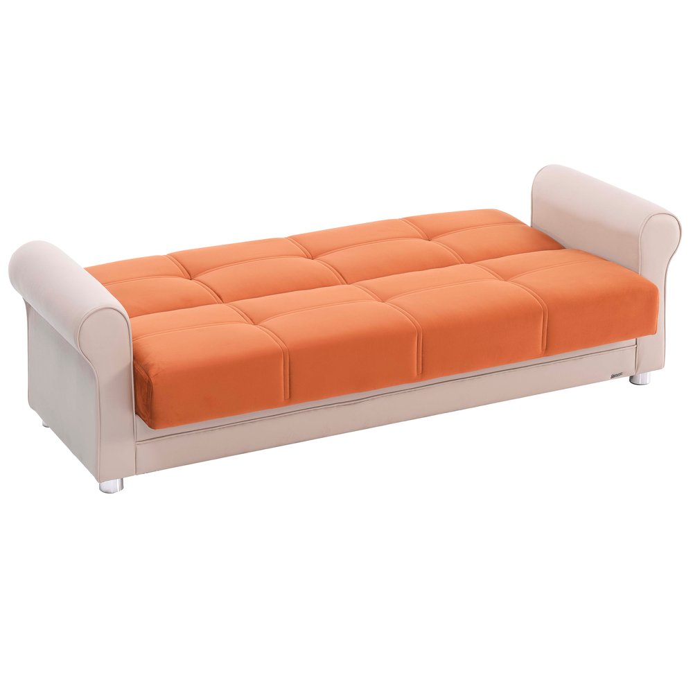 89" Orange Polyester Convertible Futon Sleeper Sofa And Toss Pillows With Storage