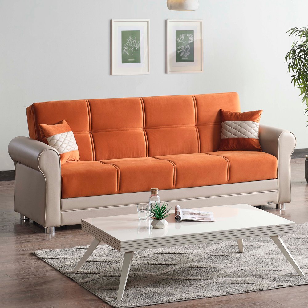 89" Orange Polyester Convertible Futon Sleeper Sofa And Toss Pillows With Storage