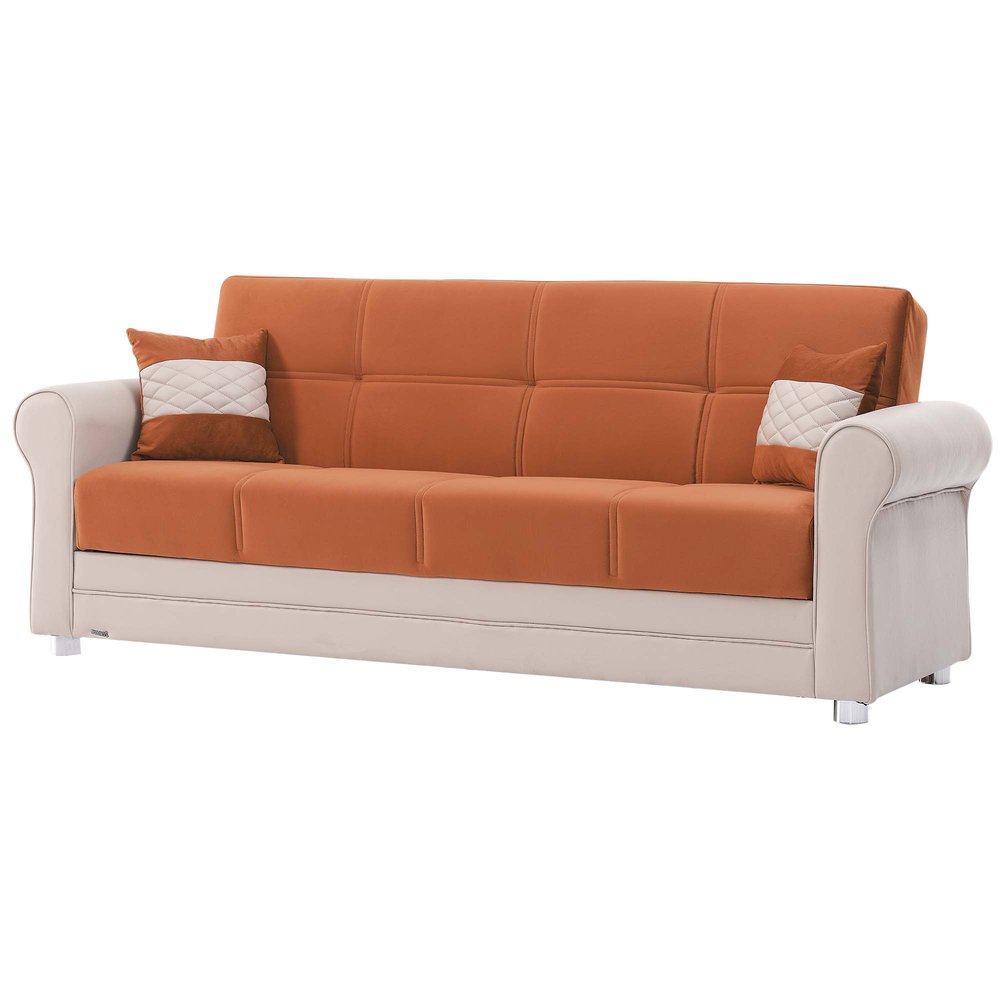 89" Orange Polyester Convertible Futon Sleeper Sofa And Toss Pillows With Storage