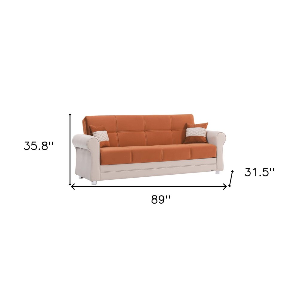89" Orange Polyester Convertible Futon Sleeper Sofa And Toss Pillows With Storage