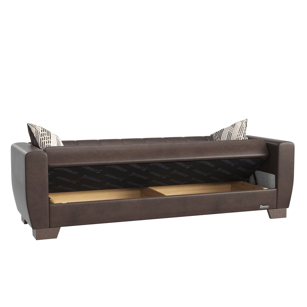 84" Brown Faux Leather Convertible Futon Sleeper Sofa And Toss Pillows With Storage