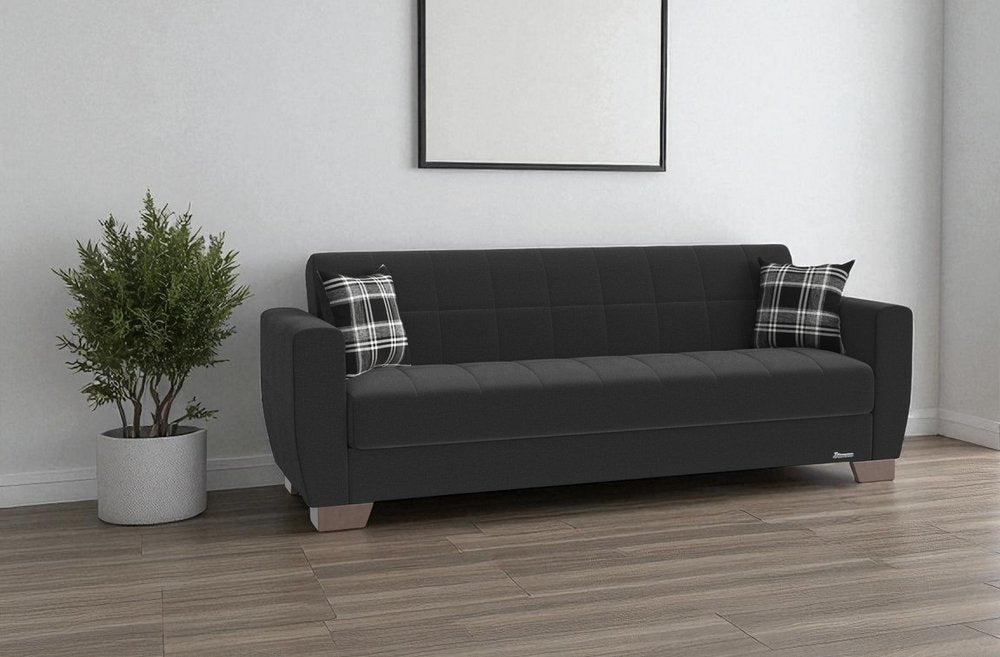 84" Black Chenille Convertible Futon Sleeper Sofa And Toss Pillows With Storage