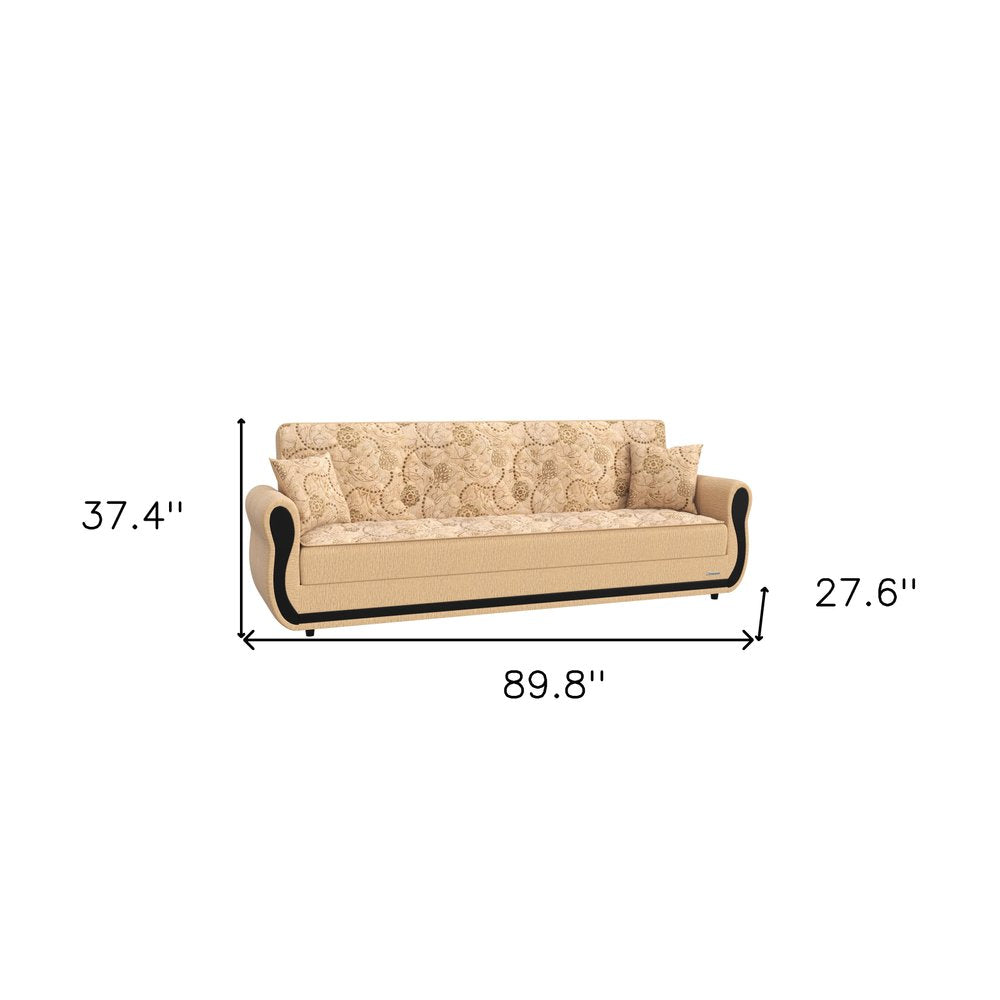 90" Beige Chenille Convertible Futon Sleeper Sofa And Toss Pillows With Storage