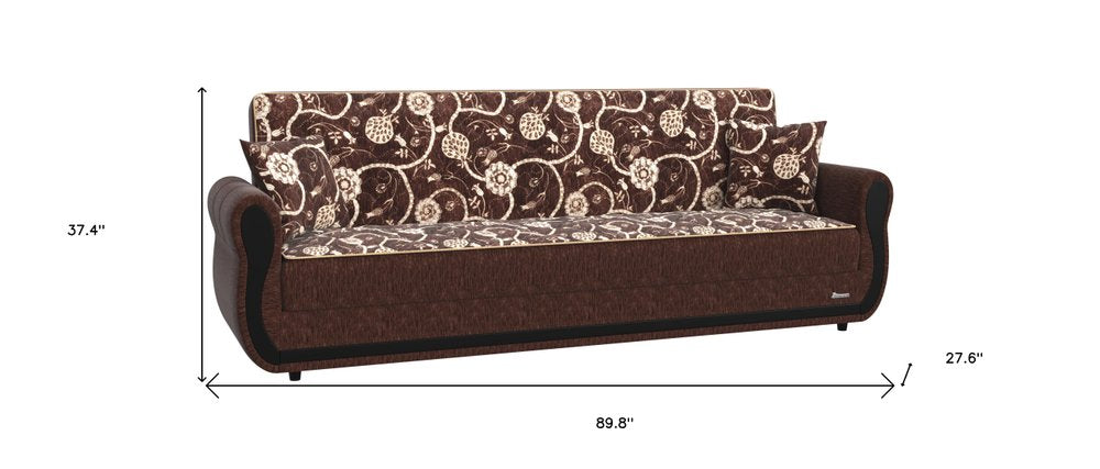 90" Brown Chenille Convertible Futon Sleeper Sofa And Toss Pillows With Storage
