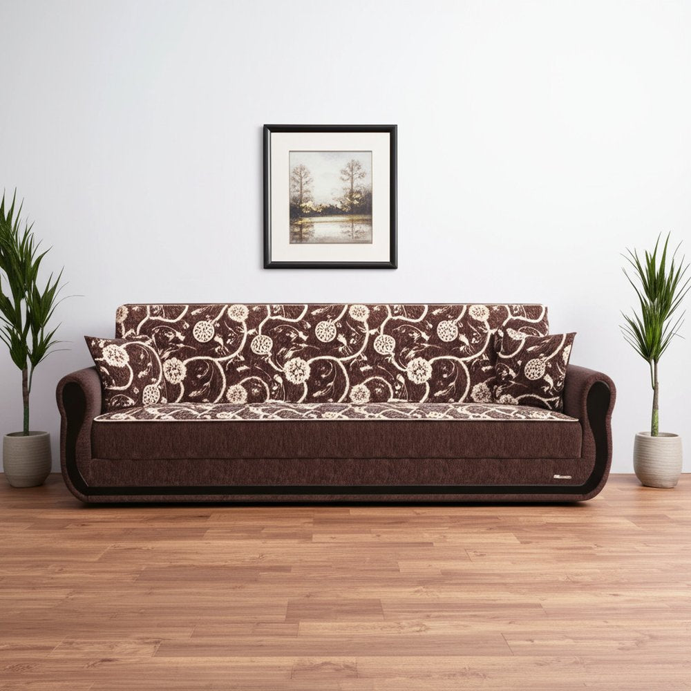 90" Brown Chenille Convertible Futon Sleeper Sofa And Toss Pillows With Storage