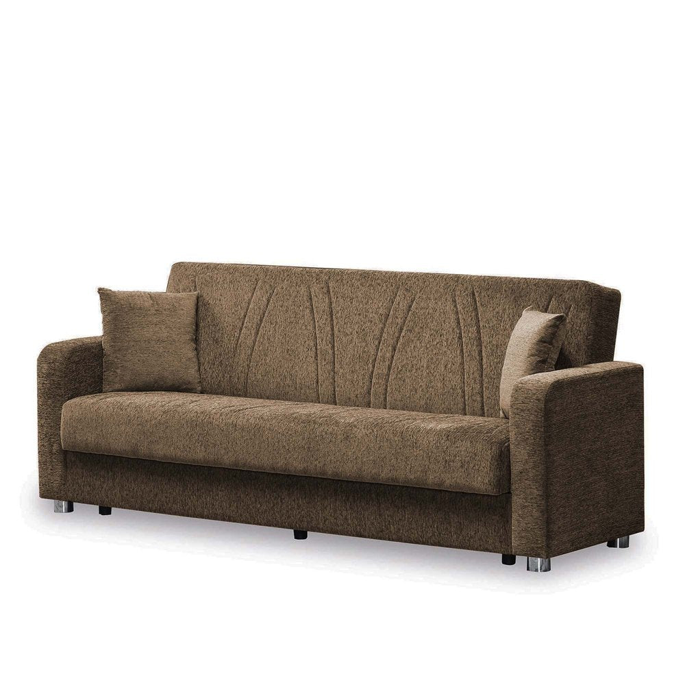 87" Beige Chenille Convertible Futon Sleeper Sofa And Toss Pillows With Storage