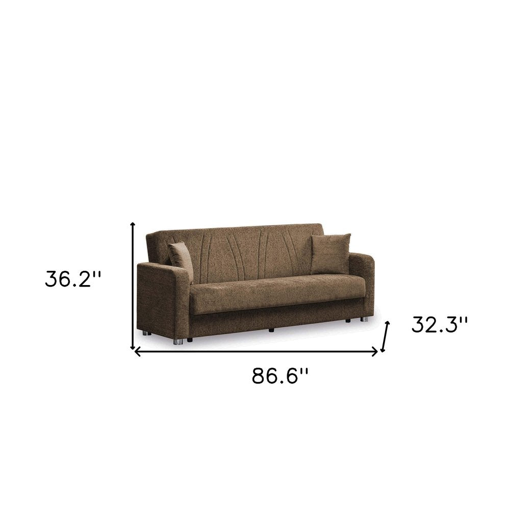 87" Beige Chenille Convertible Futon Sleeper Sofa And Toss Pillows With Storage