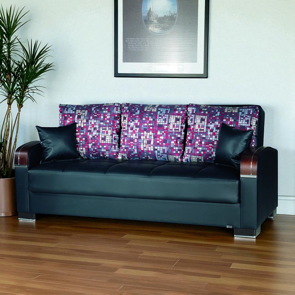 87" Black Faux Leather Convertible Futon Sleeper Sofa And Toss Pillows With Storage