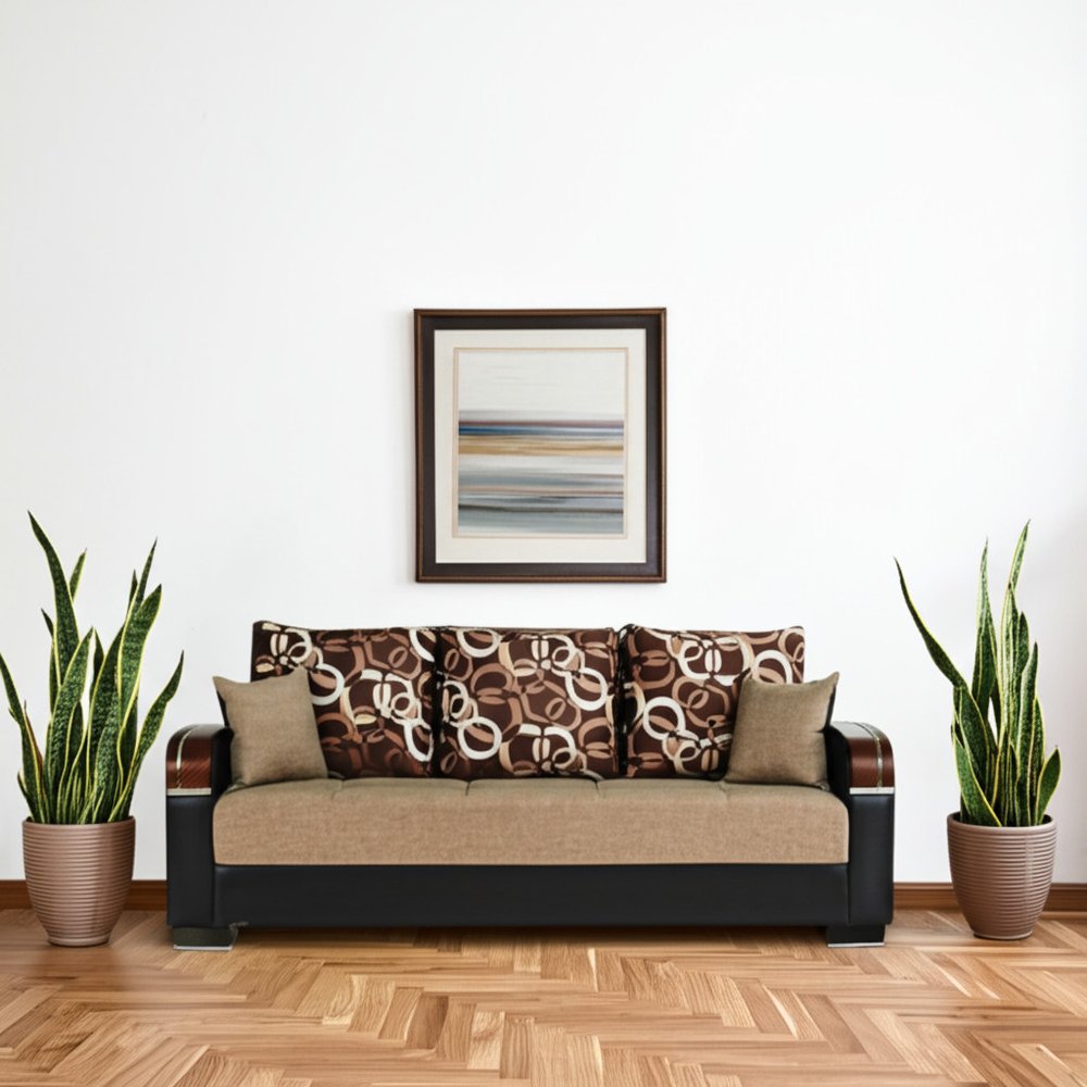 87" Brown Polyester Convertible Futon Sleeper Sofa And Toss Pillows With Storage