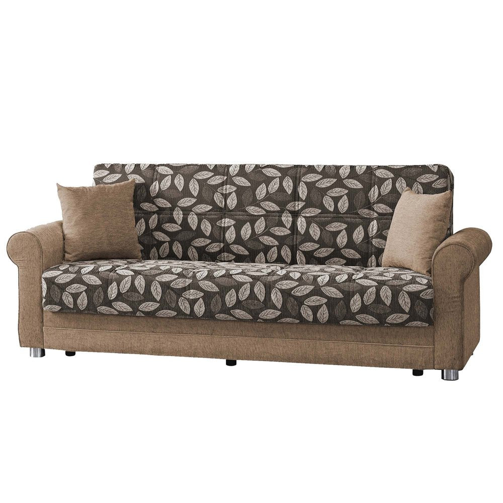 89" Beige Chenille Convertible Futon Sleeper Sofa And Toss Pillows With Storage
