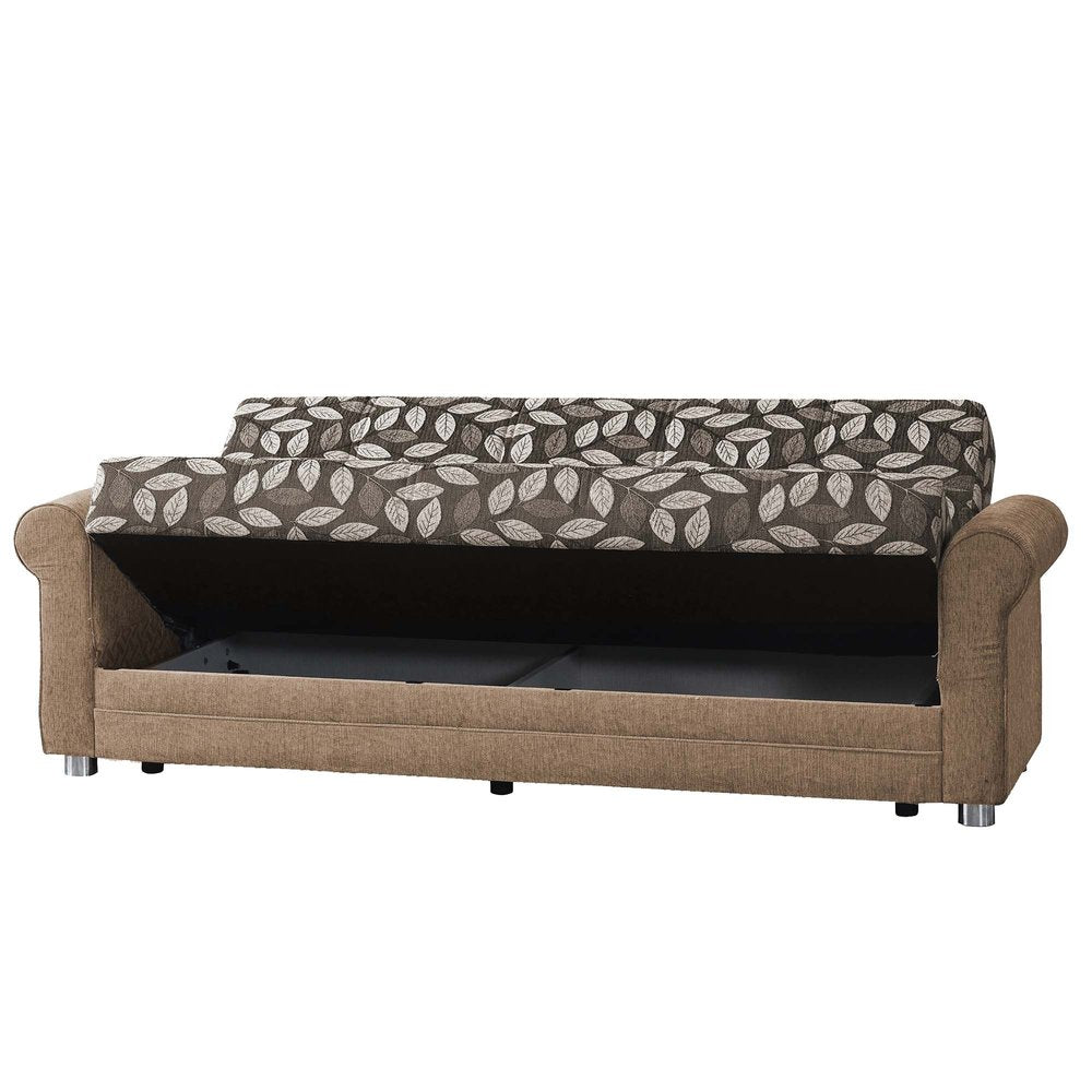 89" Beige Chenille Convertible Futon Sleeper Sofa And Toss Pillows With Storage