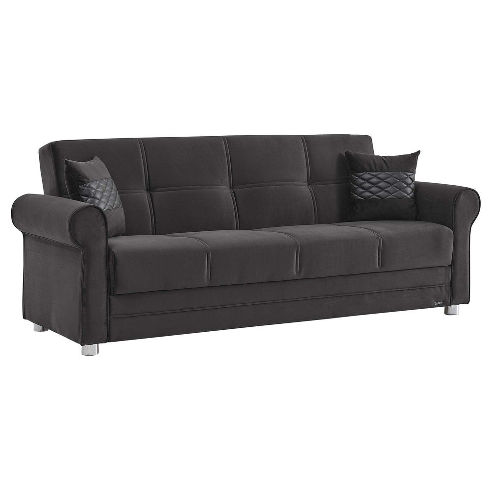89" Black Microfiber Convertible Futon Sleeper Sofa And Toss Pillows With Storage