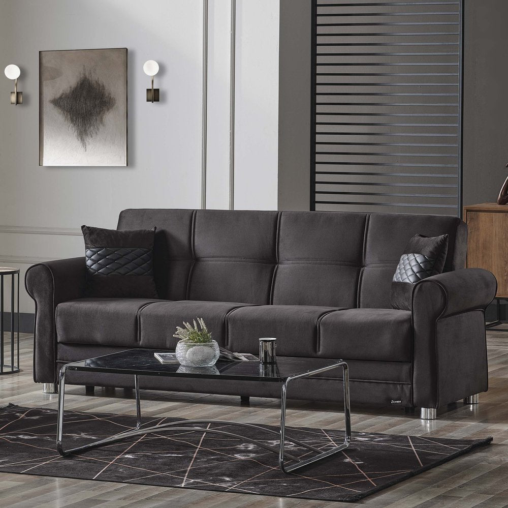 89" Black Microfiber Convertible Futon Sleeper Sofa And Toss Pillows With Storage