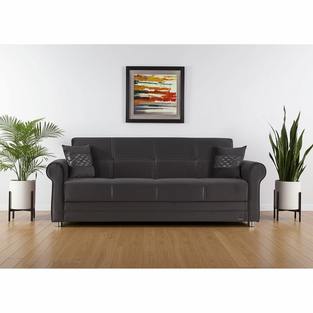 89" Black Microfiber Convertible Futon Sleeper Sofa And Toss Pillows With Storage