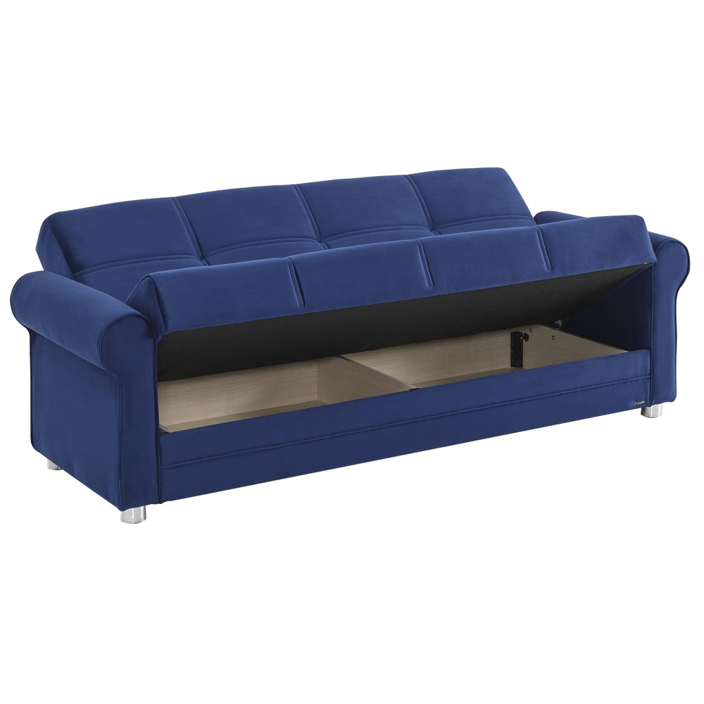 89" Blue Microfiber Convertible Futon Sleeper Sofa And Toss Pillows With Storage