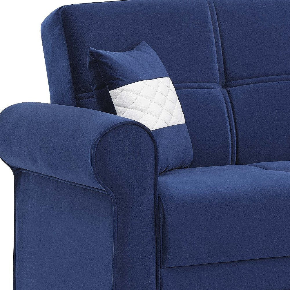 89" Blue Microfiber Convertible Futon Sleeper Sofa And Toss Pillows With Storage