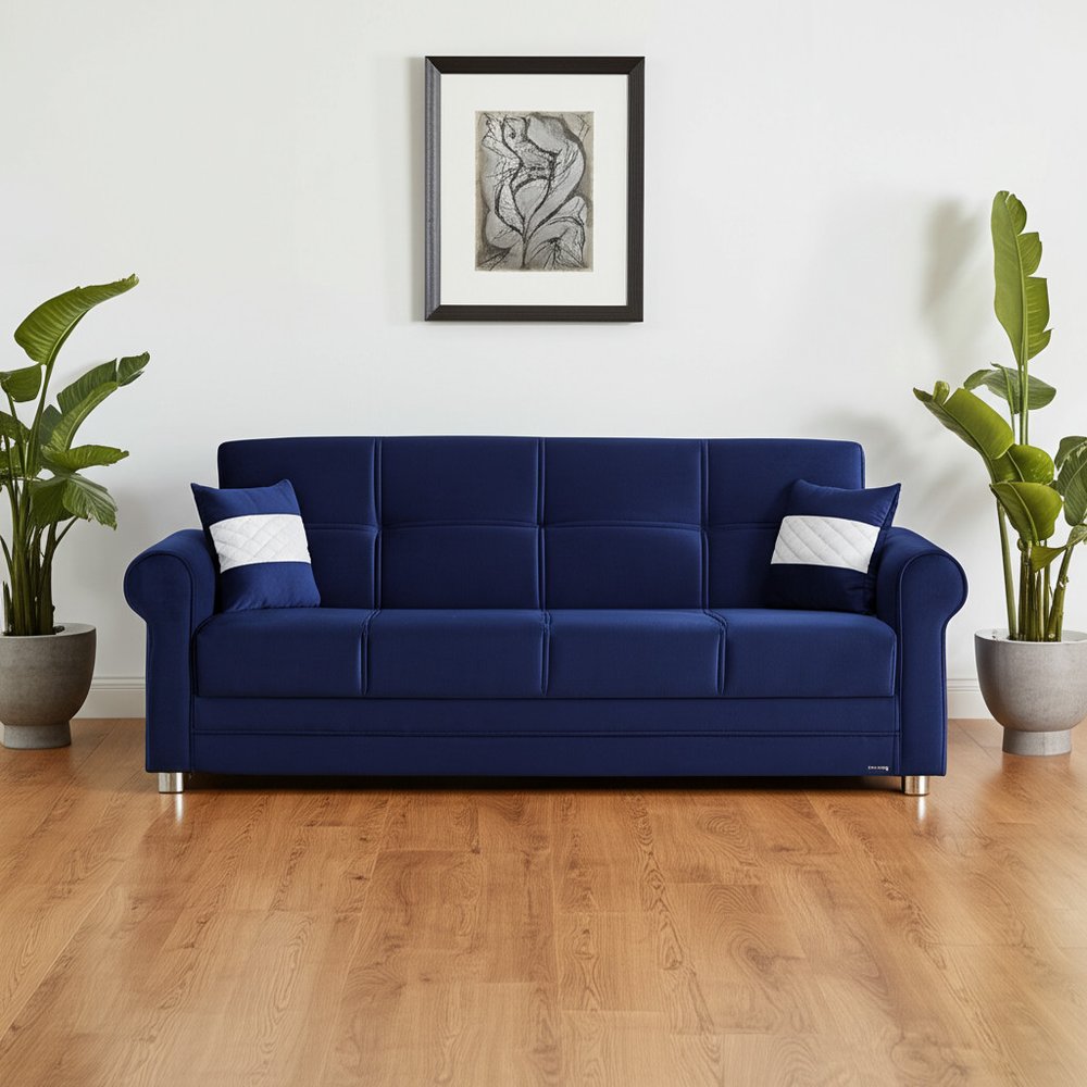 89" Blue Microfiber Convertible Futon Sleeper Sofa And Toss Pillows With Storage