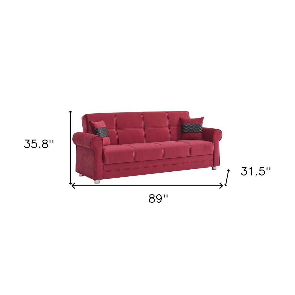 89" Burgundy Microfiber Convertible Futon Sleeper Sofa And Toss Pillows With Storage