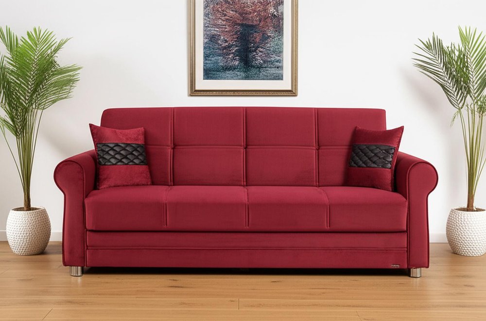89" Burgundy Microfiber Convertible Futon Sleeper Sofa And Toss Pillows With Storage