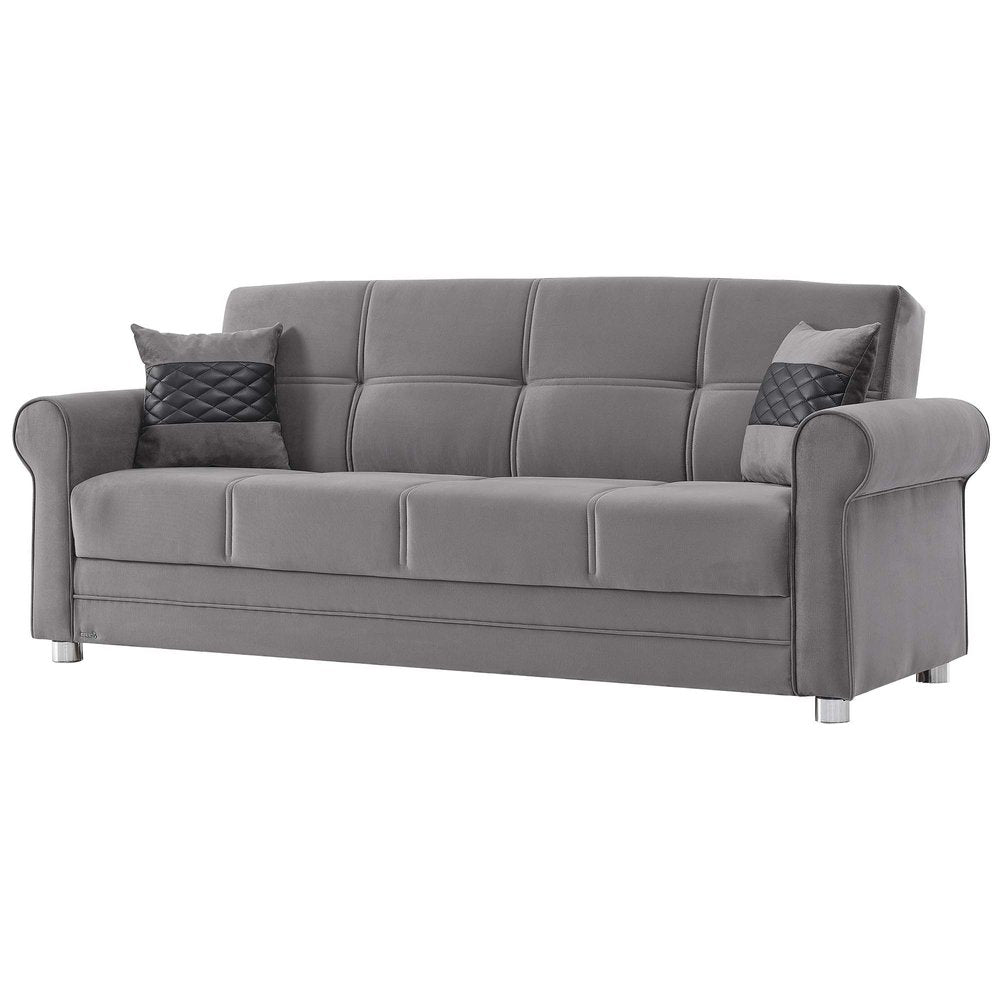 89" Gray Microfiber Convertible Futon Sleeper Sofa And Toss Pillows With Storage