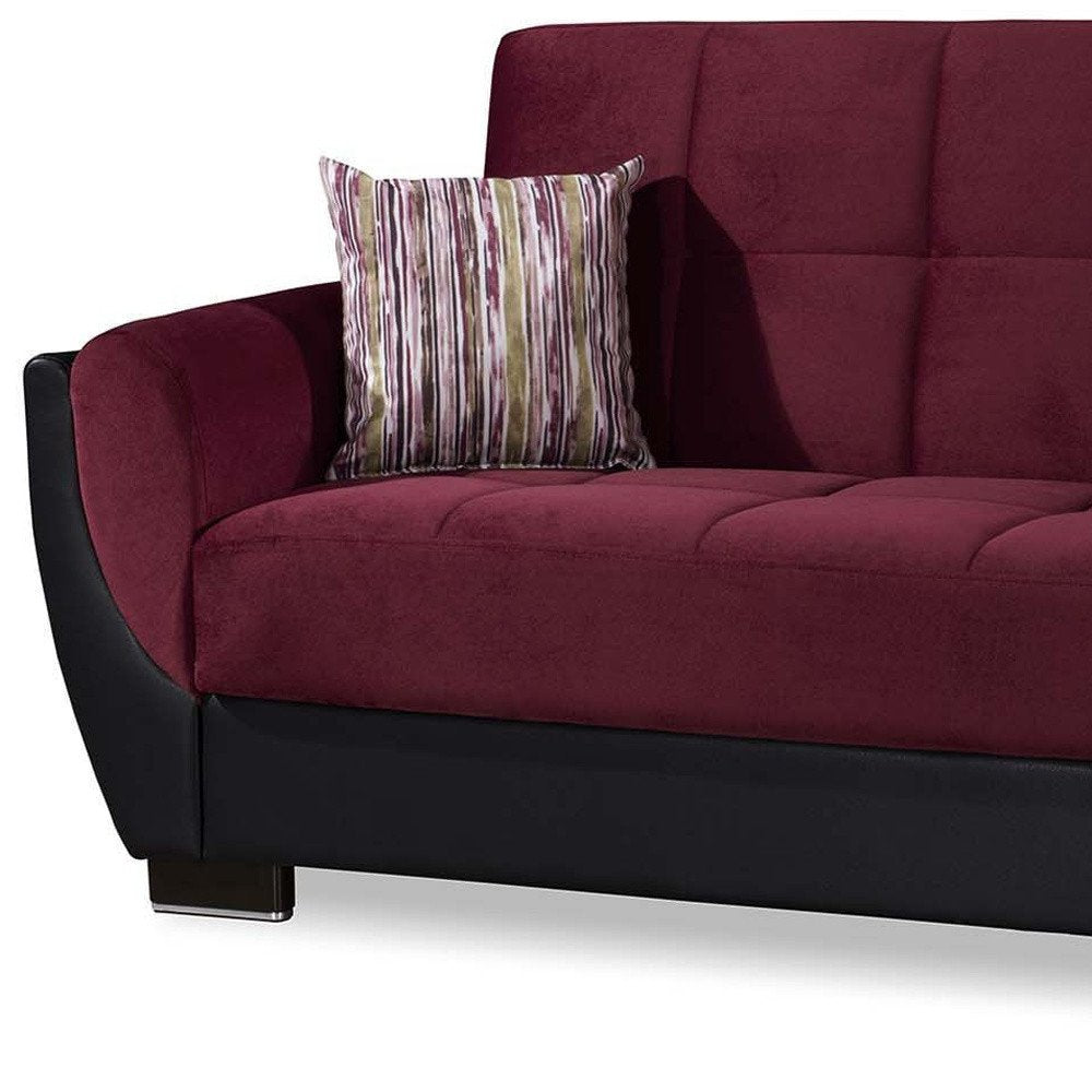 93" Burgundy Microfiber And Faux Leather Convertible Futon Sleeper Sofa And Toss Pillows With Storage