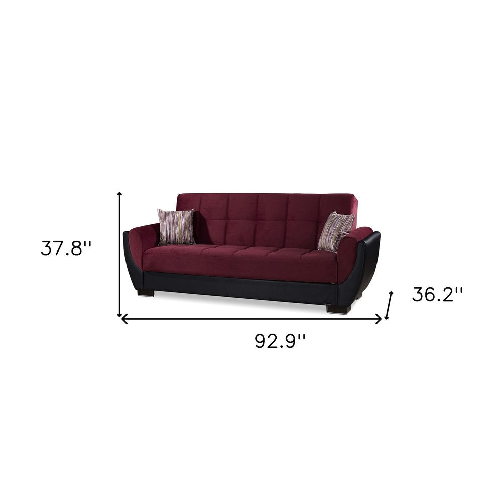 93" Burgundy Microfiber And Faux Leather Convertible Futon Sleeper Sofa And Toss Pillows With Storage