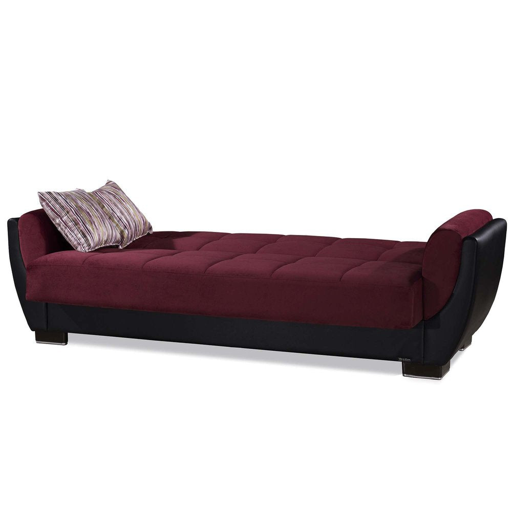 93" Burgundy Microfiber And Faux Leather Convertible Futon Sleeper Sofa And Toss Pillows With Storage