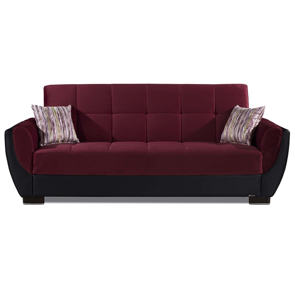 93" Burgundy Microfiber And Faux Leather Convertible Futon Sleeper Sofa And Toss Pillows With Storage