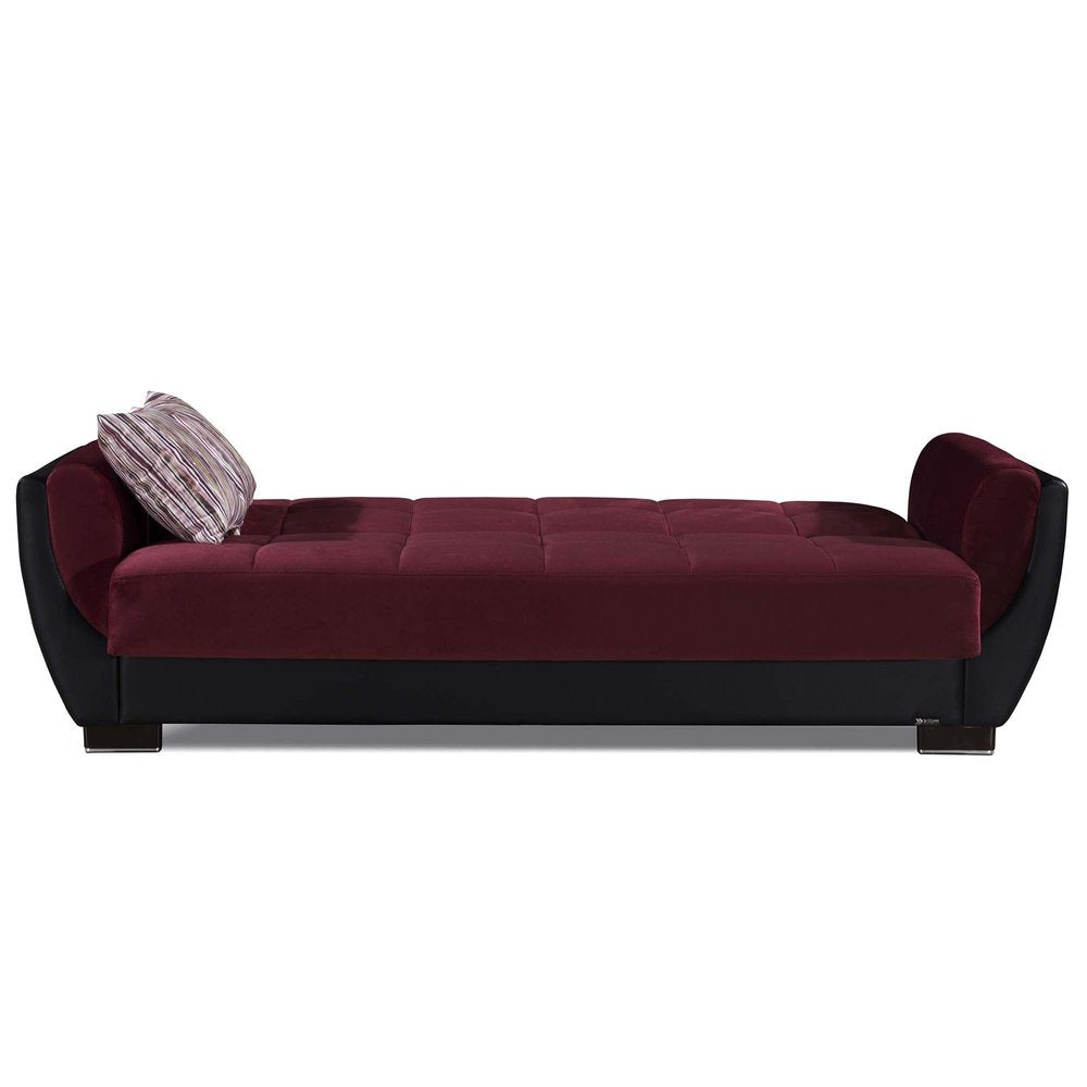 93" Burgundy Microfiber And Faux Leather Convertible Futon Sleeper Sofa And Toss Pillows With Storage
