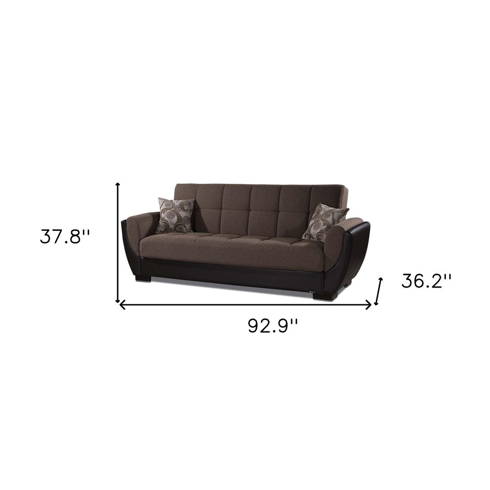 93" Brown Chenille And Faux Leather Convertible Futon Sleeper Sofa And Toss Pillows With Storage