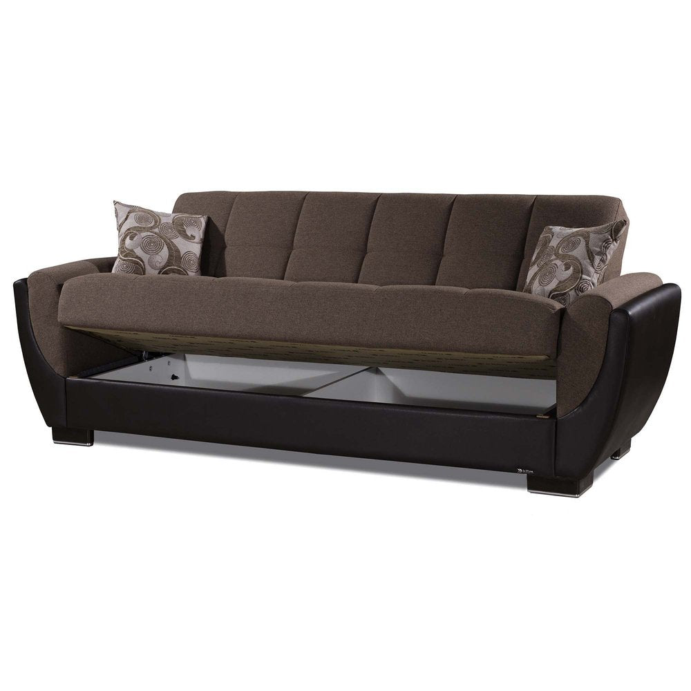 93" Brown Chenille And Faux Leather Convertible Futon Sleeper Sofa And Toss Pillows With Storage