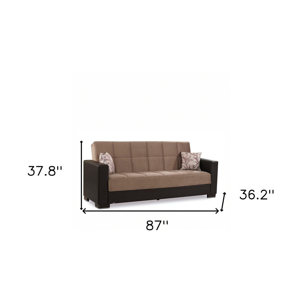 87" Sand And Brown Chenille And Faux Leather Convertible Futon Sleeper Sofa And Toss Pillows With Storage