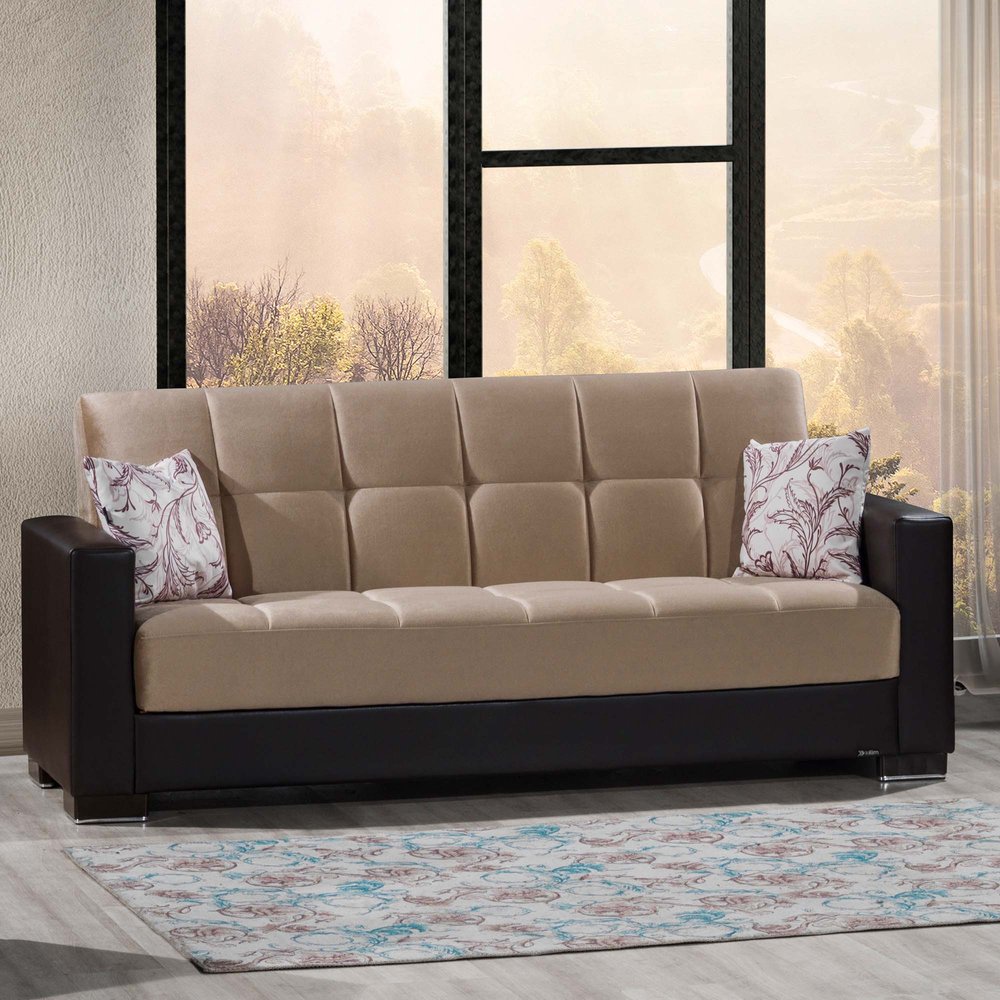 87" Sand And Brown Chenille And Faux Leather Convertible Futon Sleeper Sofa And Toss Pillows With Storage
