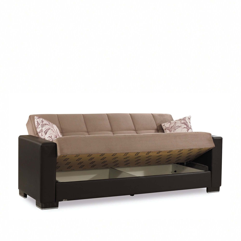 87" Sand And Brown Chenille And Faux Leather Convertible Futon Sleeper Sofa And Toss Pillows With Storage