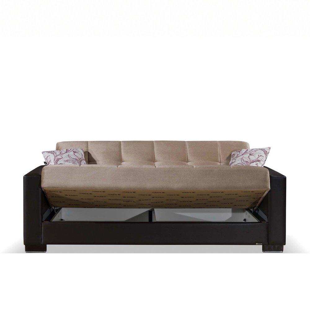 87" Sand And Brown Chenille And Faux Leather Convertible Futon Sleeper Sofa And Toss Pillows With Storage